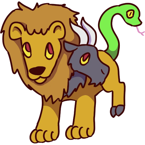 image of a chimera with a golden lion head, a gray goat head and a green snake tail